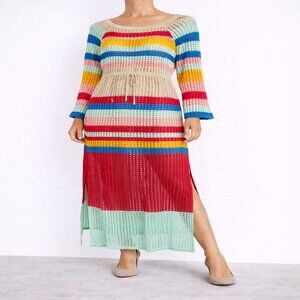*NWT* Absolutely Famous Boho Crochet Maxi Dress Large Mint Multi Stripe